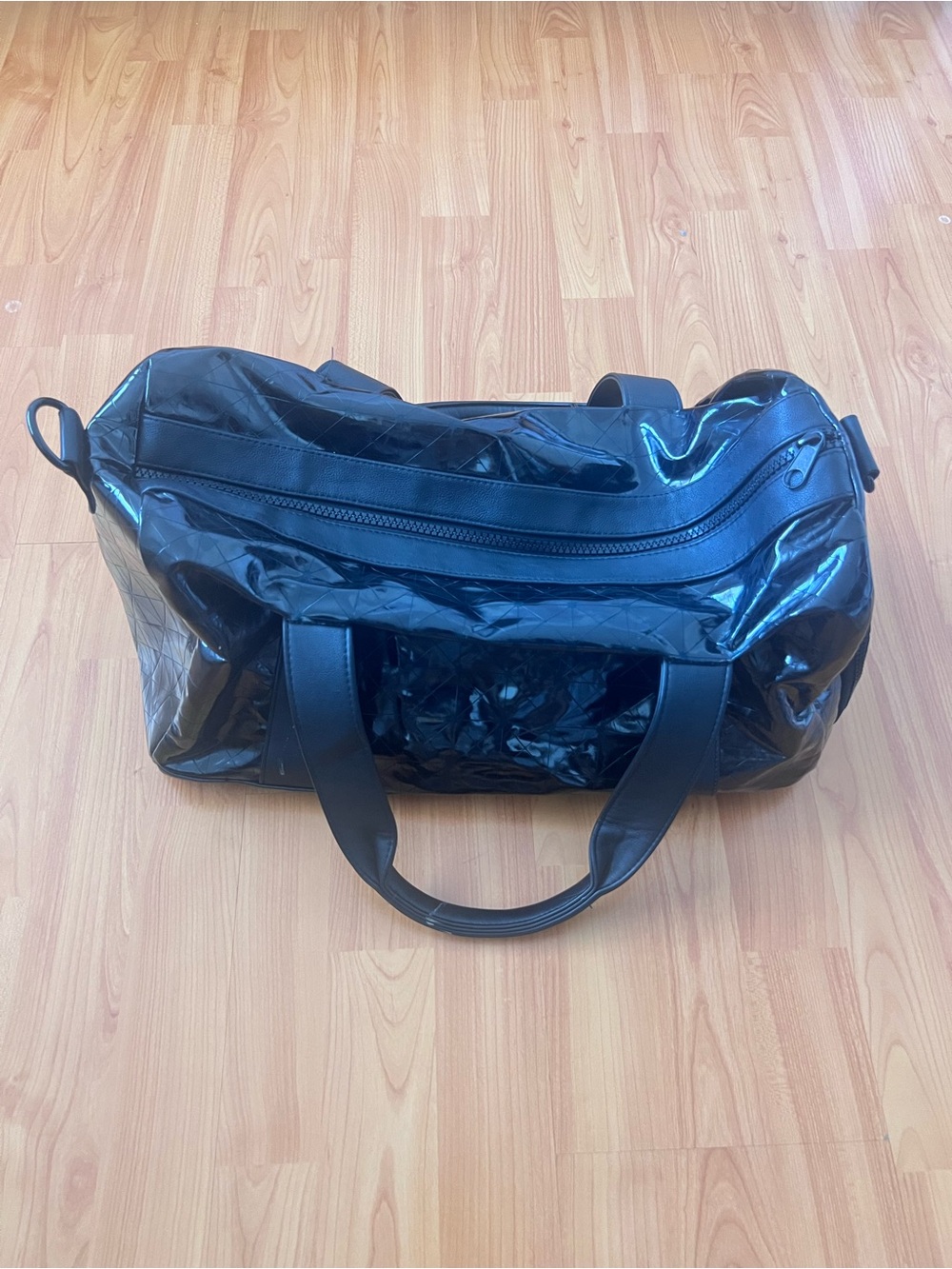 Brandon Blackwood Patent Leather Geometric Patchwork Duffel Bag